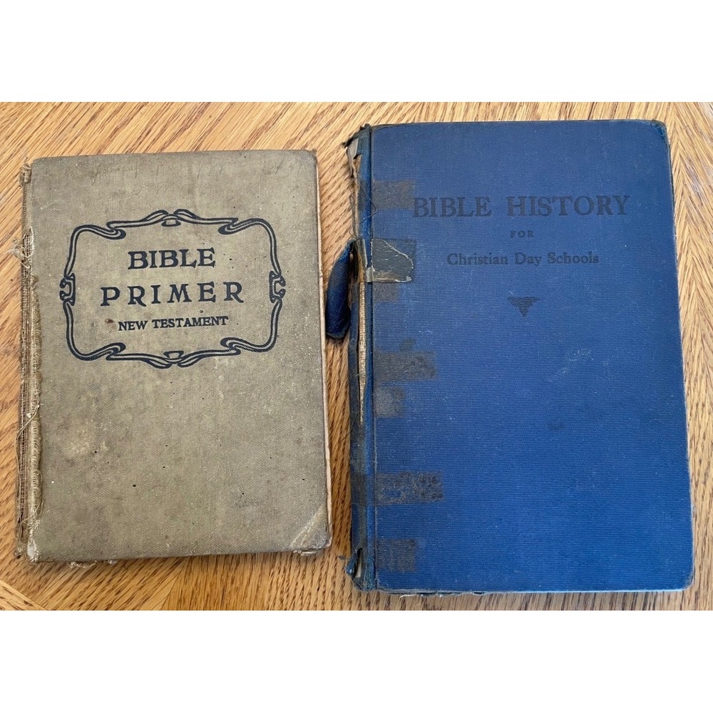 Antique Bible History & Bible Primer Books with 1940s Ephemera Attendance Card